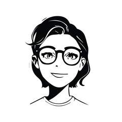 Smiling young woman in glasses, casual attire, in a neutral setting. Positive expression with a simple, stylized design.