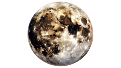 The luminous surface of the moon, with its distinct craters and textures, shines brightly in the darkness isolated on transparent background