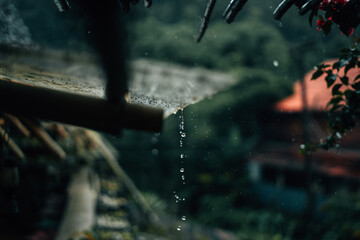 Water drops from the roof on a rainy day or in the rainy season, natural storms and rainy days