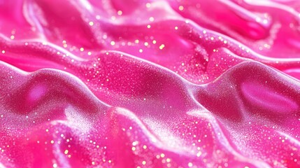 Abstract vibrant pink draped fabric with shimmering golden glitter texture.