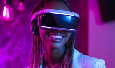 Happy African American woman smiling while wearing futuristic virtual reality headset, engaging with advanced technology for entertainment, Generative AI