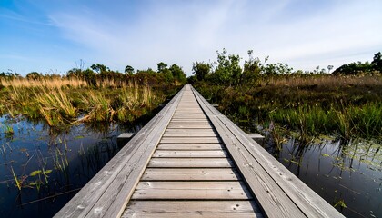 Obraz premium Wooden walkway through marshland vegetation boardwalk wetland