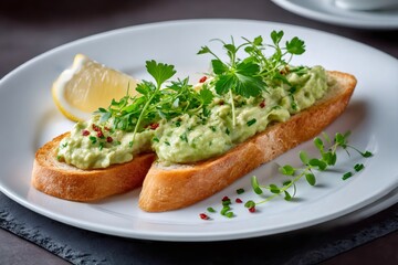 Delicious avocado toast with herbs and lemon on white plate