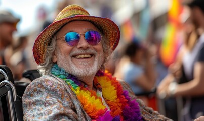 Happy disabled senior white man in wheelchair celebrating gay pride parade in crowd, enjoying community inclusion and joy, Generative AI