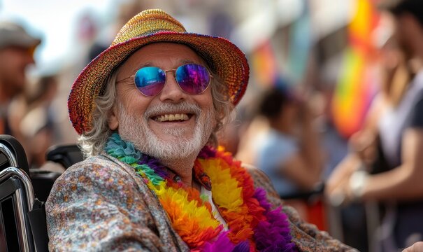 Happy disabled senior white man in wheelchair celebrating gay pride parade in crowd, enjoying community inclusion and joy, Generative AI