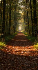 Fototapeta premium Walking Path Through Forest with Autumn Leaves and Sunlight