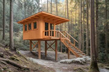 Charming wooden tree house standing on stilts in a peaceful forest