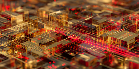 Abstract futuristic cityscape with glowing red energy lines and geometric structures