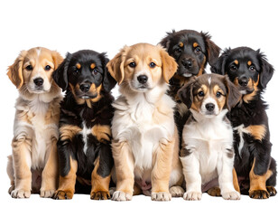 Row of Cute Puppies Sitting Calmly, Transparent Background PNG