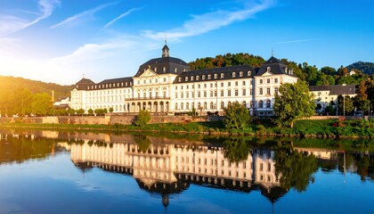 Obraz premium Historic building by river at dawn