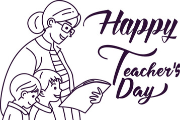 Happy Teachers Day illustration with teacher reading to students in line art