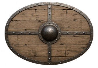 An ancient wooden viking shield with metal reinforcements, isolated on a transparent background, evoking history and protection