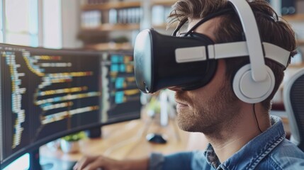 Close-up of a man wearing VR headset, focused on computer screen
