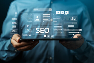 Businessman Analyze Optimize Web Banner Search Engine SEO For Business And Marketing Website...