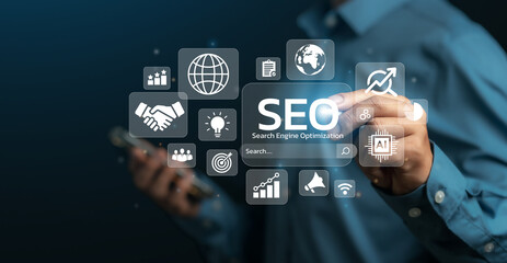 Businessman Analyze Optimize Web Banner Search Engine SEO For Business And Marketing Website...
