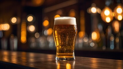 pint of beer on bar counter with warm bokeh lights