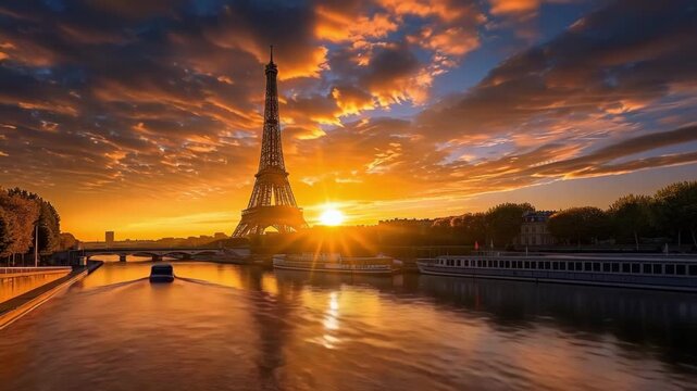 Experience the enchanting beauty of a golden sunrise over the eiffel tower, capturing the stunning colors of dawn as paris awakens. This video radiates warmth and tranquility.