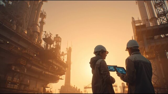 Engineers inspecting modular structure with digital tablets, warm tone, subtle futuristic HUD elements overlaying on structure, evening light casting long shadows, cinematic industrial mood, clean fut