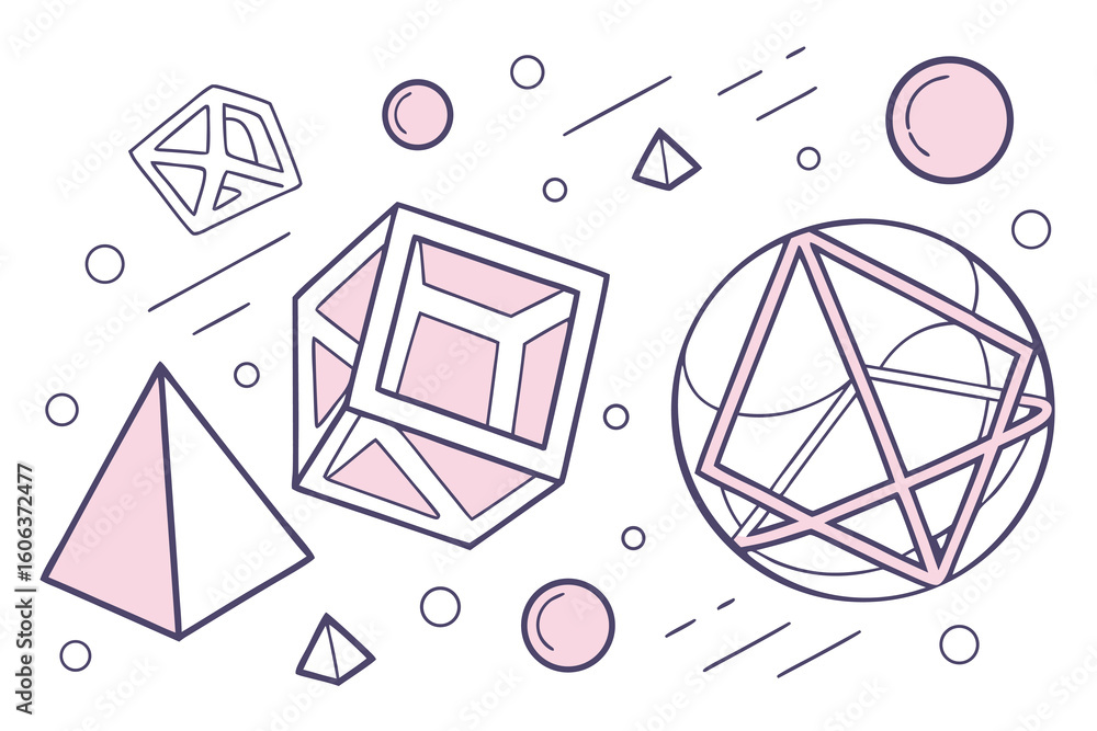 Poster geometric shapes abstract design featuring various 3d forms with pink and purple hues on a white bac