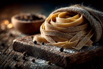 Tagliatelle pasta spilling from burlap sack on wooden cutting board with black pepper