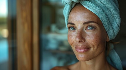 Woman with towel on head, fresh-faced, gazing with warm eyes. Soft natural light