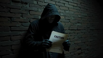 Mysterious figure reading documents in the shadows with suspenseful intrigue and cinematic tension