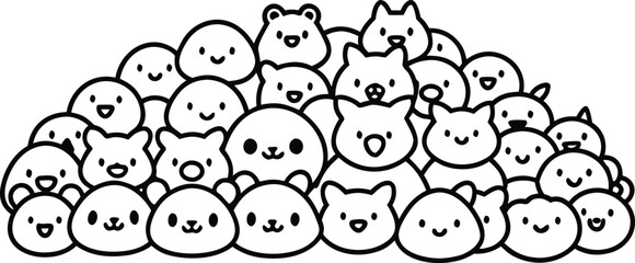 Fototapeta premium Vector art of a pile of simple black and white cartoon animals are stacked together in a playful heap isolated on transparent background.