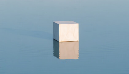 A solitary cube of matte white concrete, standing firm at the water’s edge, mirrored perfectly in the still surface.
