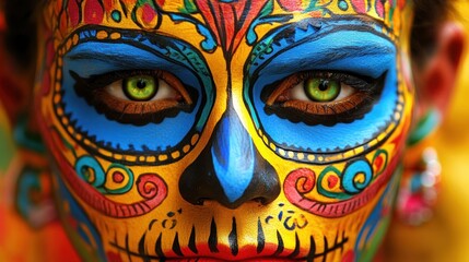 Close-up of a woman with vibrant colorful skull makeup, intense green eyes, and decorative patterns.
