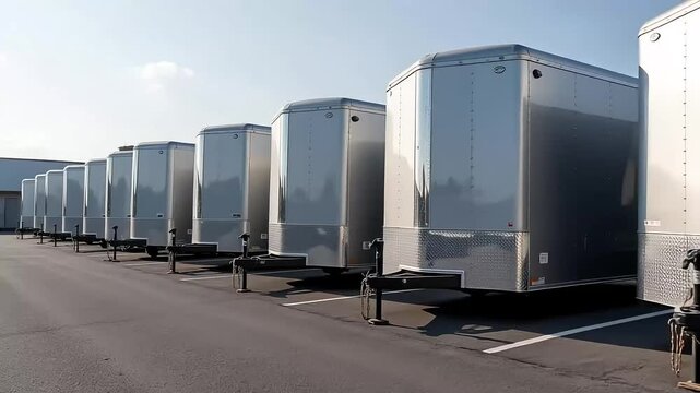 Fleet of silver trailers ready for transport hauling and logistics operations in parking lot