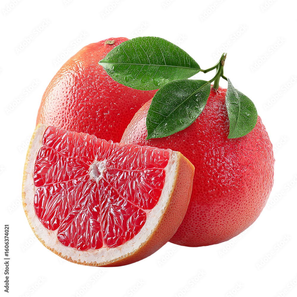 Poster close up of two grapefruits and a slice with leaves on a black background isolated on transparent ba