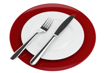 A white plate with a fork and knife, set against a red charger plate, isolated on a transparent background