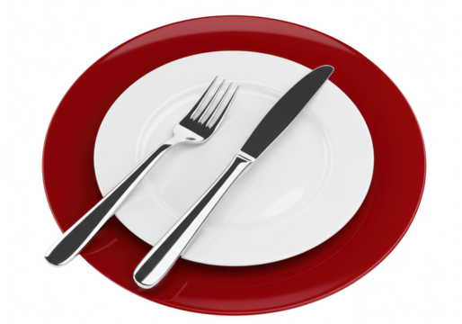 A white plate with a fork and knife, set against a red charger plate, isolated on a transparent background