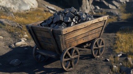 Aged wooden mining cart filled with dark coal rocks on a dirt path amidst rocky terrain.