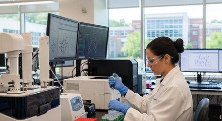 Obraz premium Female scientist in a lab coat works with a pipette, analyzing data on computer screens amidst lab equipment and test tubes.
