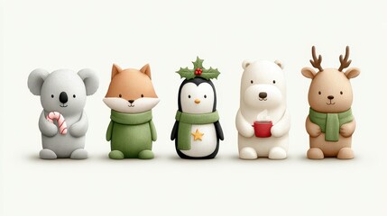 Charming watercolor creatures celebrate Christmas with festive spirit and cozy accessories. Christmas and New Year. Winter Wonderland