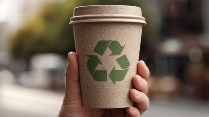 Eco-Friendly Coffee Break: A hand holds a sustainable paper cup adorned with the recycling symbol, offering a tangible representation of environmental consciousness and conscious consumption.