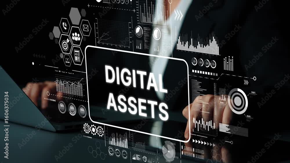 Aufkleber business professional interacting with digital assets on laptop with data visualizations and graphs 