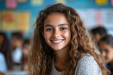 Young teacher smiling at the camera in a classroom. This image emphasizes the role of passionate educators in shaping the minds of future generations, Generative AI