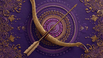 Purple background with golden bow and arrow indian art design intricate details and patterns ornate