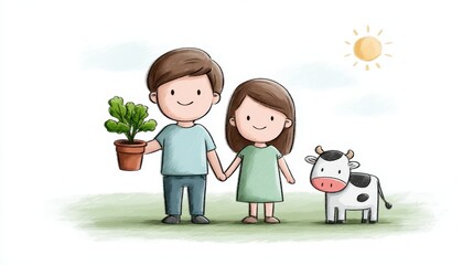 Childlike illustration of a couple on an organic farm with a cow and fresh vegetables growing in bright sunlight. National Organic Month