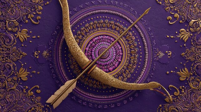 Naklejki Purple background with golden bow and arrow indian art design intricate details and patterns ornate