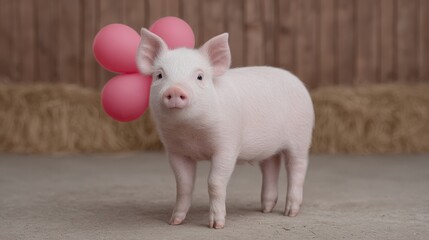 Creative pig with balloon wings bringing joy to a sunny farmyard on a cheerful afternoon. National When Pigs Fly Day