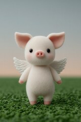 Charming piglet with delicate paper wings frolics in a vibrant meadow at dusk. National When Pigs Fly Day