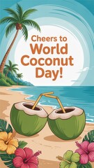 Celebrate the joy of coconut delights on a sunny World Coconut Day by the beach with cheerful vibes and tropical scenery