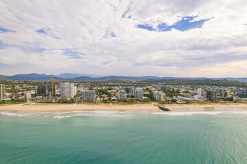 Aerial views of Palm Beach on the Gold Coast with skyline in the background, Queensland, Australia 