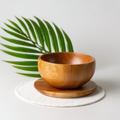 Wooden bowl on white placemat with palm leaf