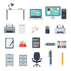 Flat Vector Icon Set of Office and Communication Equipment