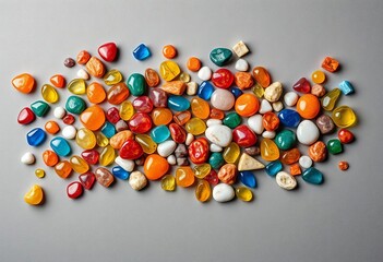 Vibrant, multicolored stones scattered on gray backdrop,  rocks,  decorative