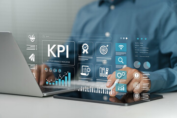 Key Performance Indicators KPI concept with icons of strategy, objectives, performance, optimization to measure performance against planned targets and achieve the right success for the business.